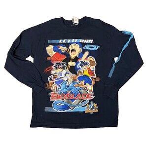 Vtg Y2K BEYBLADE Long Sleeve T-SHIRT ANIME Kids M Blue Let it Rip Bladebreakers